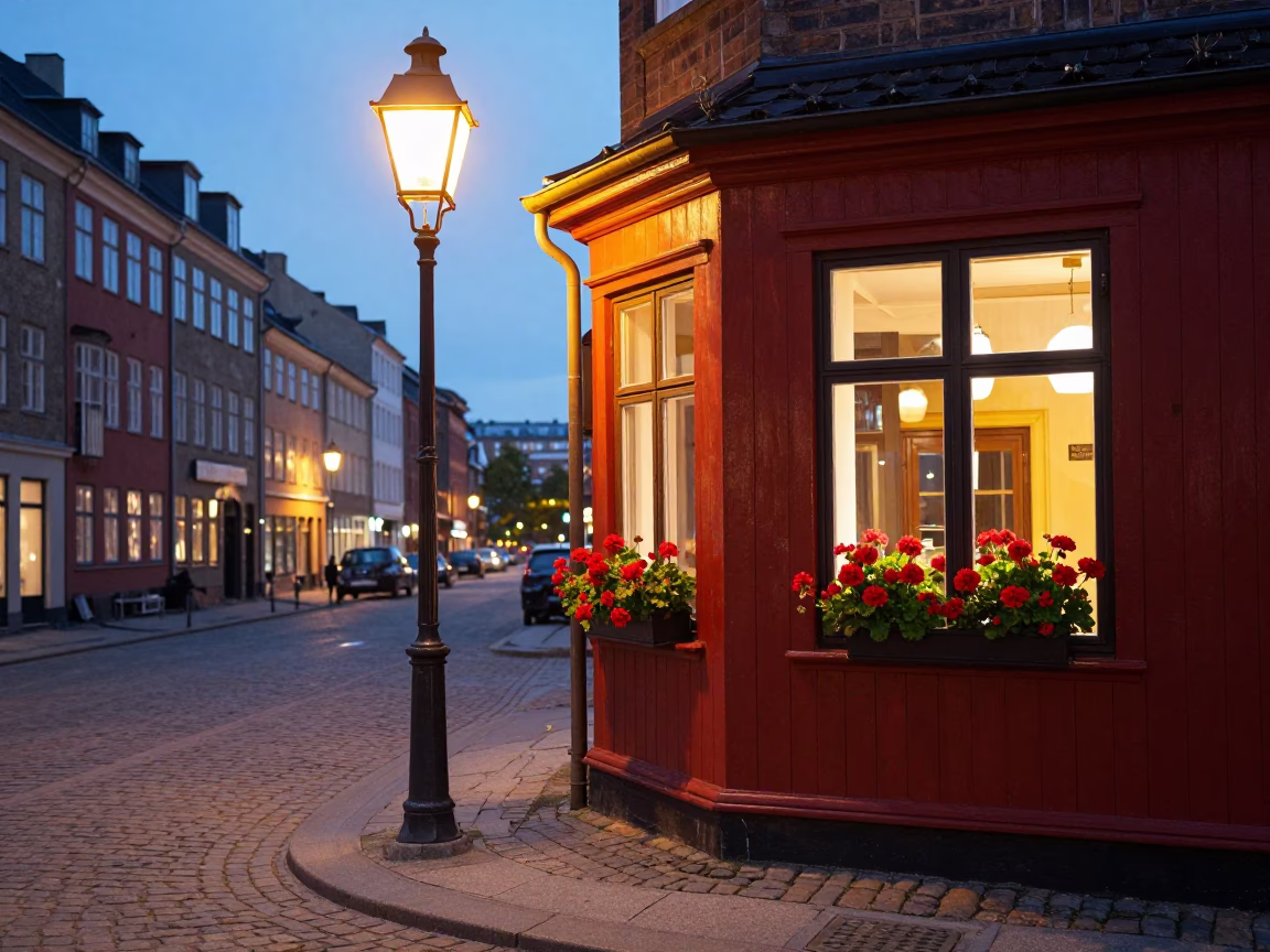 Copenhagen Street Corner at Dusk with Geraniums and Warm Window Light in in Copenhagen, Denmark