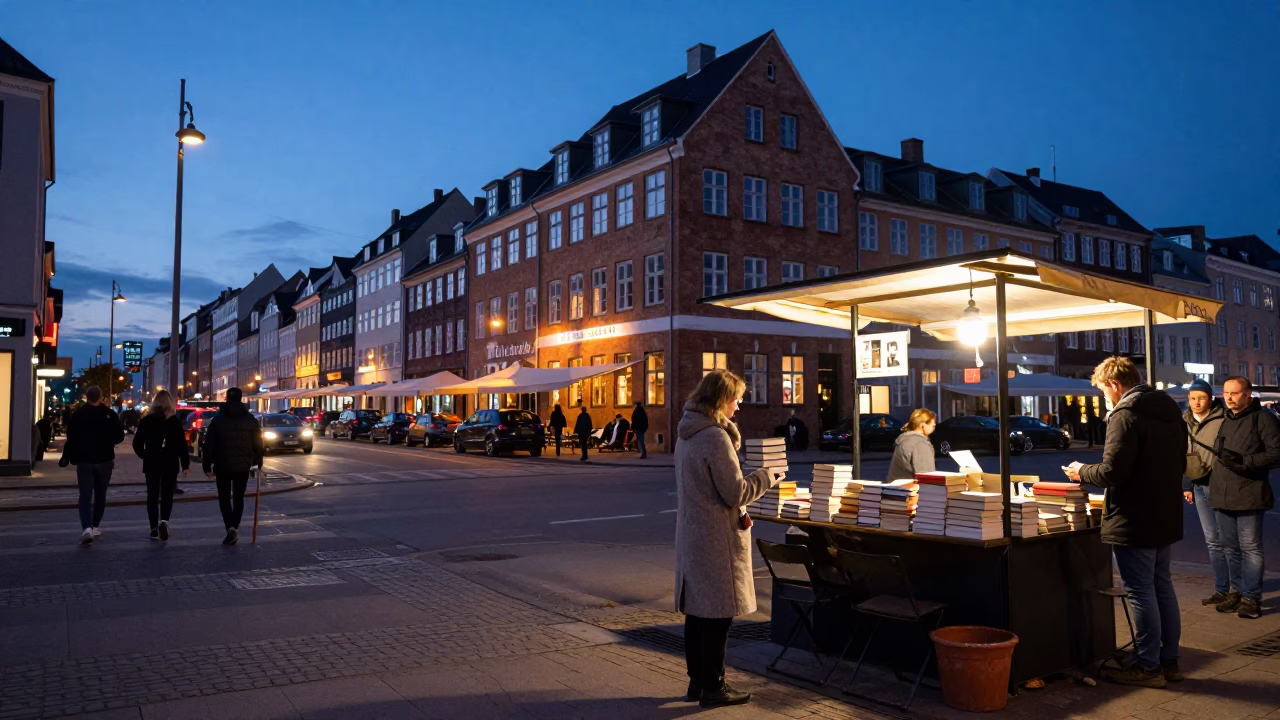Copenhagen Street Corner at Twilight with Books and Cooking Pot in in Copenhagen, Denmark
