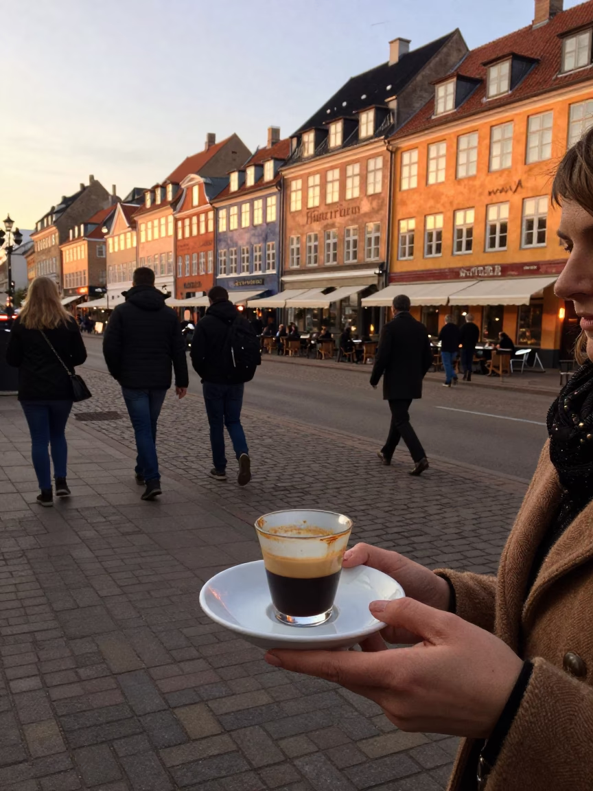 Copenhagen street corner before dusk with coffee saucer and casual local interaction in in Copenhagen, Denmark