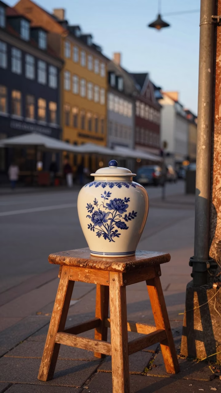 Copenhagen Street Corner Evening with Blue Porcelain Jar and Wooden Stool in in Copenhagen, Denmark