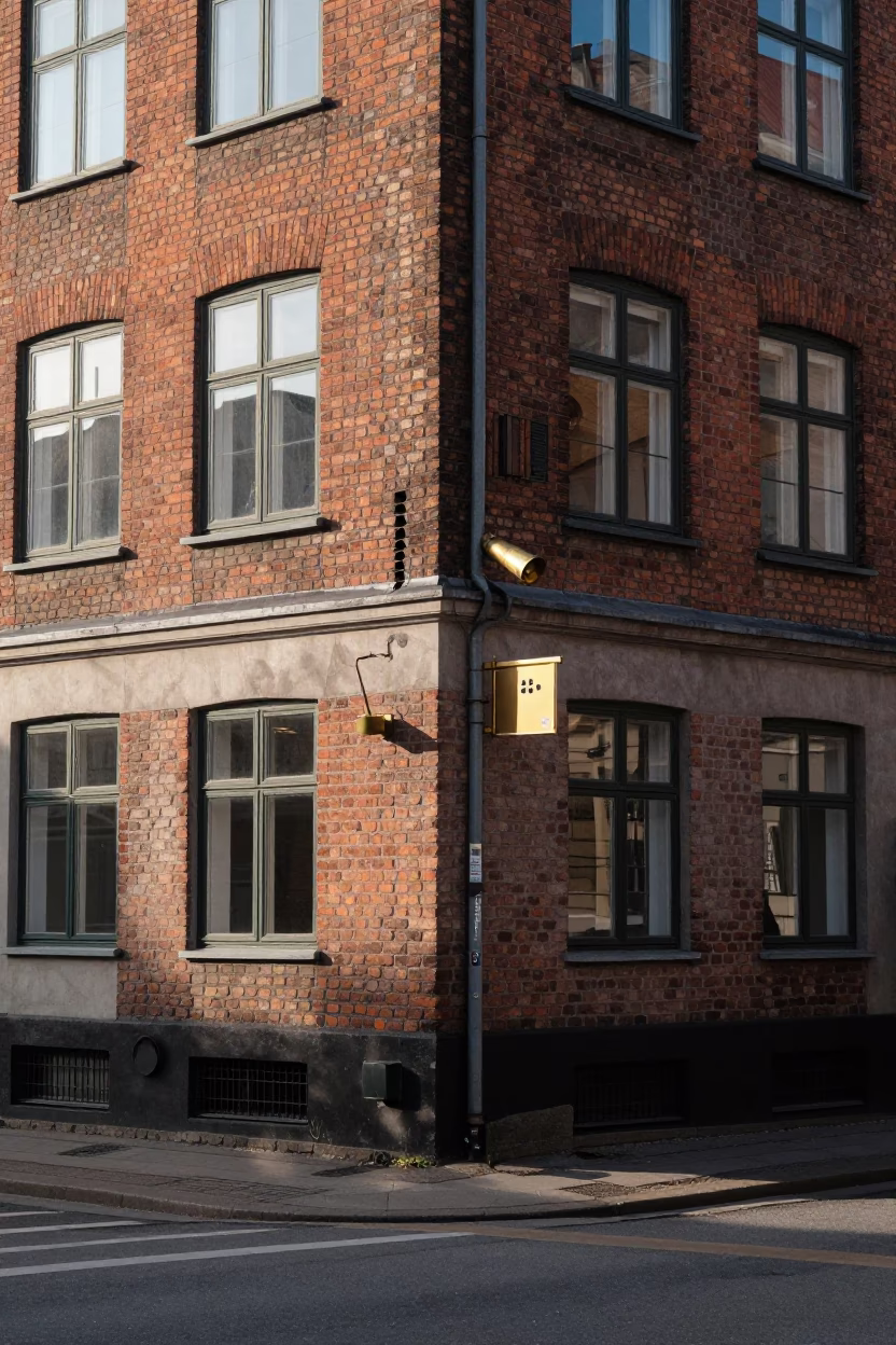 Copenhagen Street Corner Late Morning Light with Brass Fixtures and Coffee Shop Details in in Copenhagen, Denmark