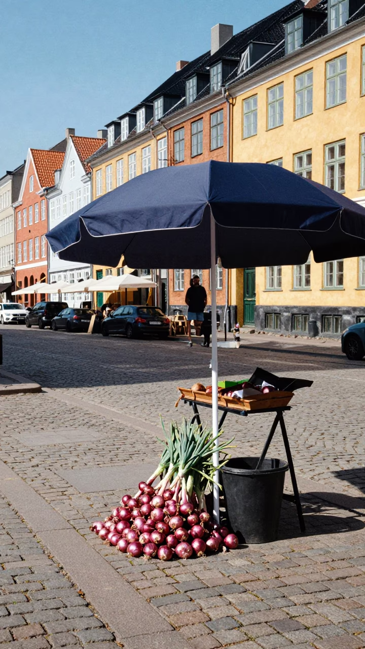 Copenhagen Street Corner Noon Light Umbrella Stand and Onions in in Copenhagen, Denmark