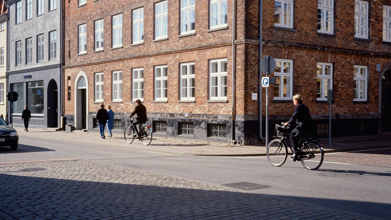 Copenhagen Street Corner Noon Light with Bicycle and Pedestrians in in Copenhagen, Denmark