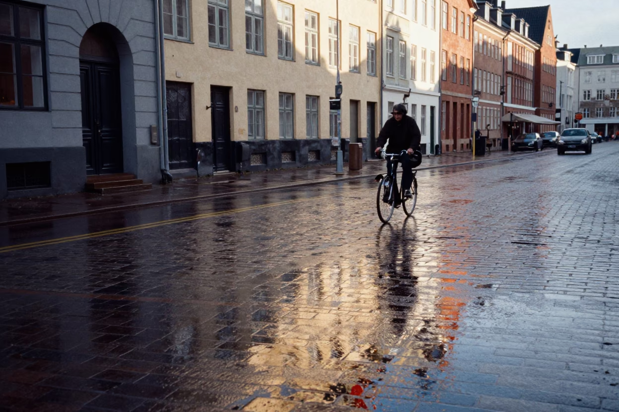 Copenhagen street corner wet pavement reflecting first light after rain in in Copenhagen, Denmark