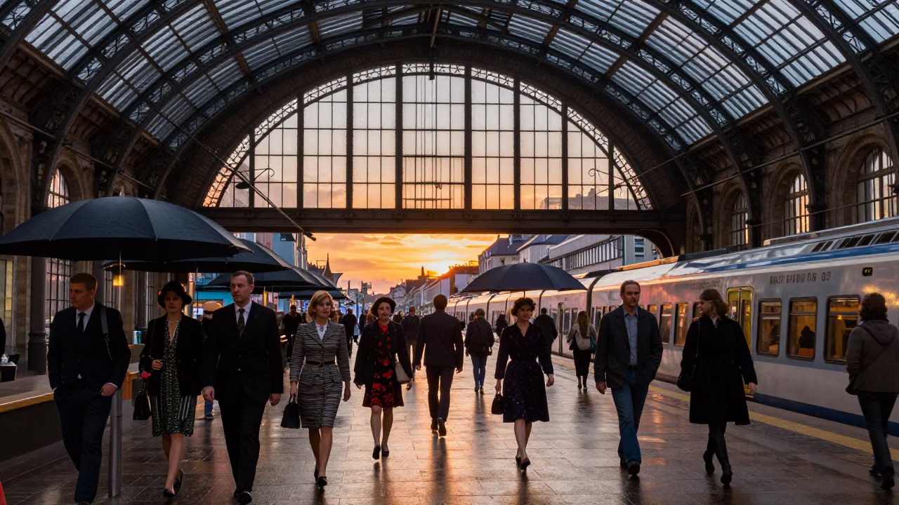 Copenhagen Street Fashion Evening with Umbrellas and Train Station in in Copenhagen, Denmark