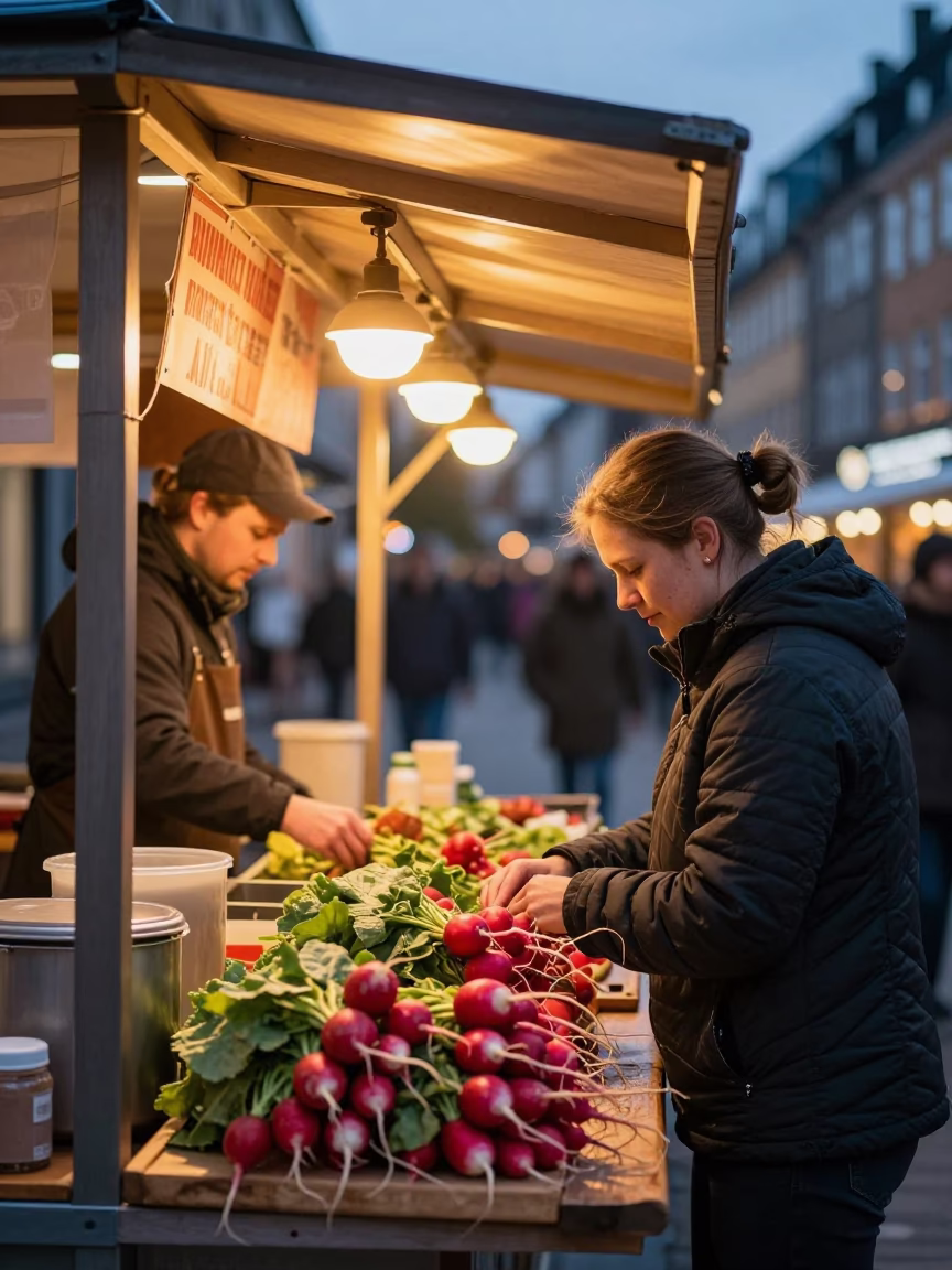 Copenhagen Street Food Stall at Dawn with Radishes and Blue Porcelain in in Copenhagen, Denmark