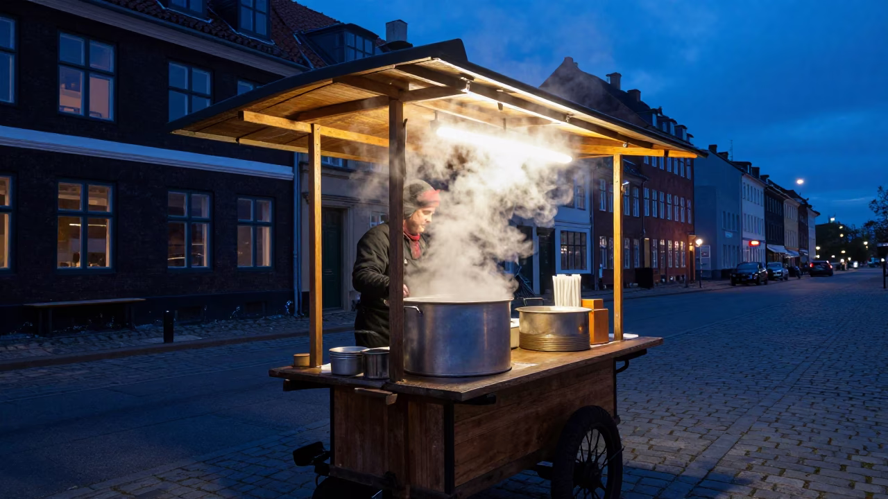 Copenhagen Street Food Stall Steam Rising in Indigo Twilight with Fresh Cabbages in in Copenhagen, Denmark