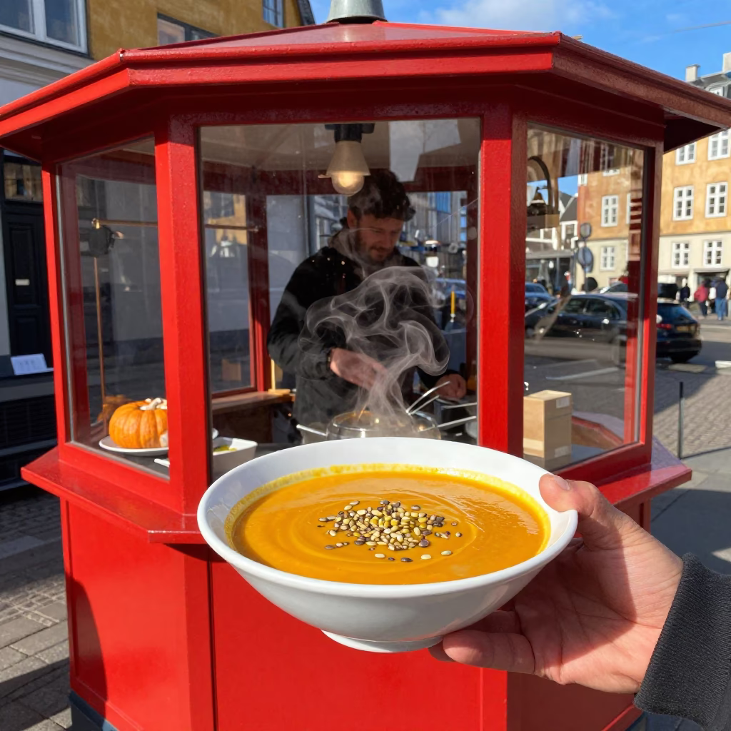 Copenhagen Street Food Vendor Serving Pumpkin Soup in Bright Midmorning Light in in Copenhagen, Denmark