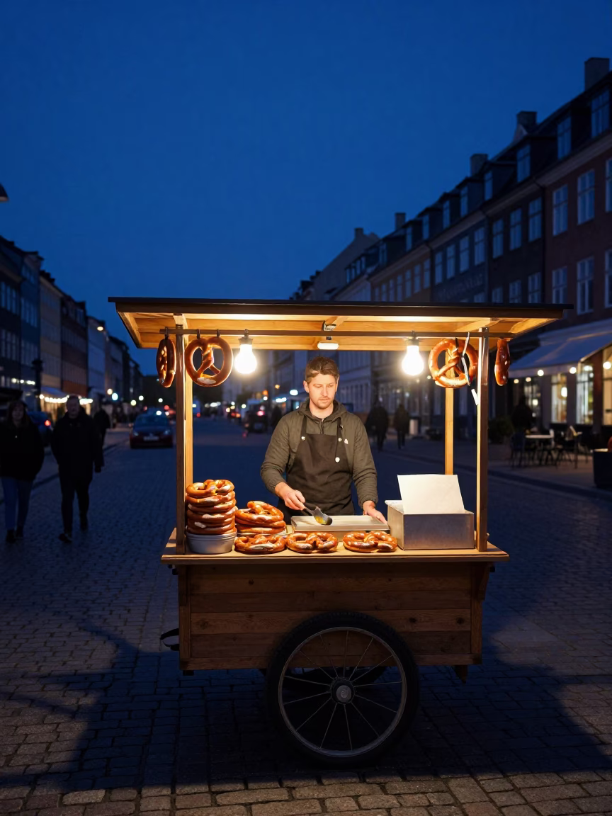 Copenhagen street food vendor serving warm pretzels in predawn darkness near Nyhavn canal in in Copenhagen, Denmark
