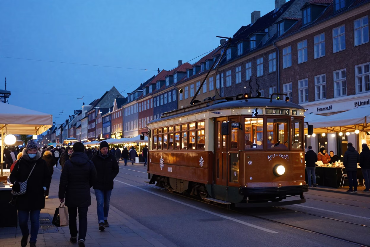 Copenhagen Street Market Before Dawn with Vintage Trams and Local Commerce in in Copenhagen, Denmark