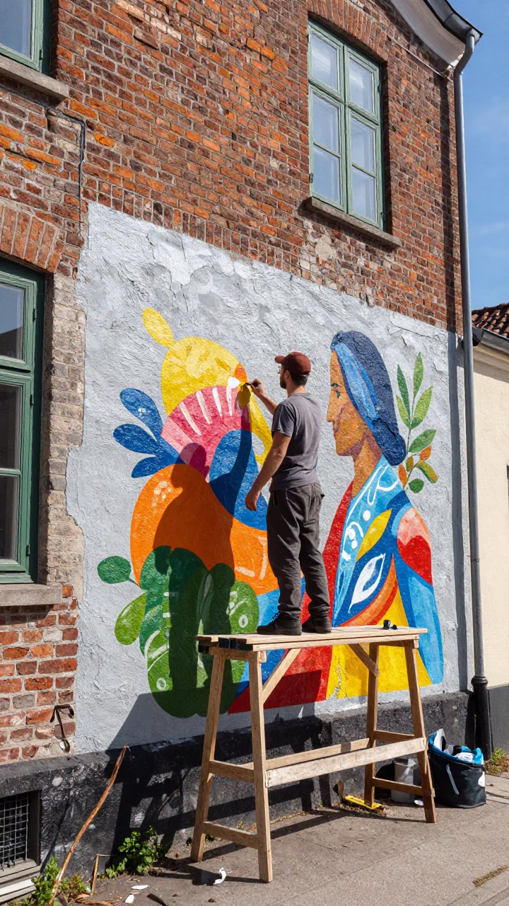 Copenhagen Street Mural Artist Painting Urban Art in Midday Light in in Copenhagen, Denmark
