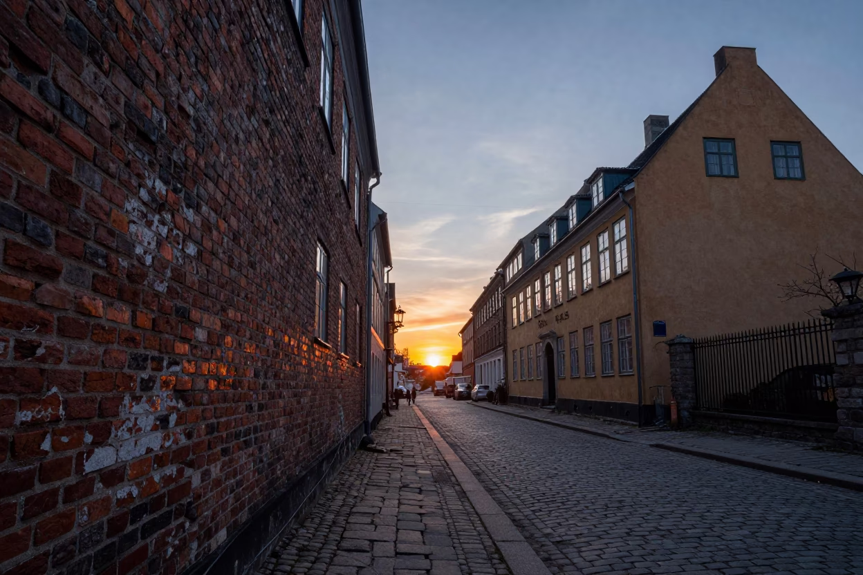 Copenhagen Street Scene at As The Sun Drops Toward The Horizon in in Copenhagen, Denmark