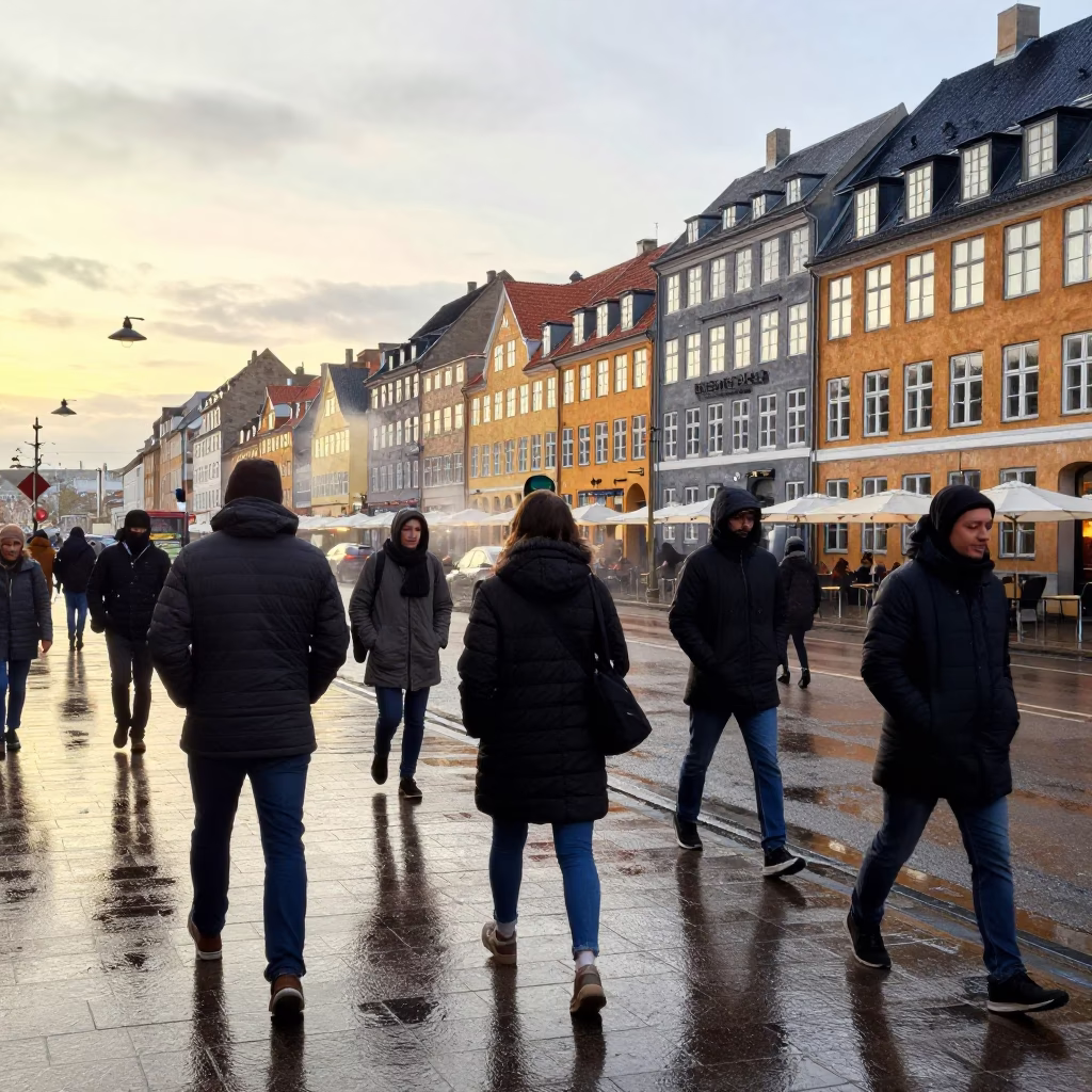 Copenhagen Street Scene at Dawn with Commuters and Rain Boots in in Copenhagen, Denmark