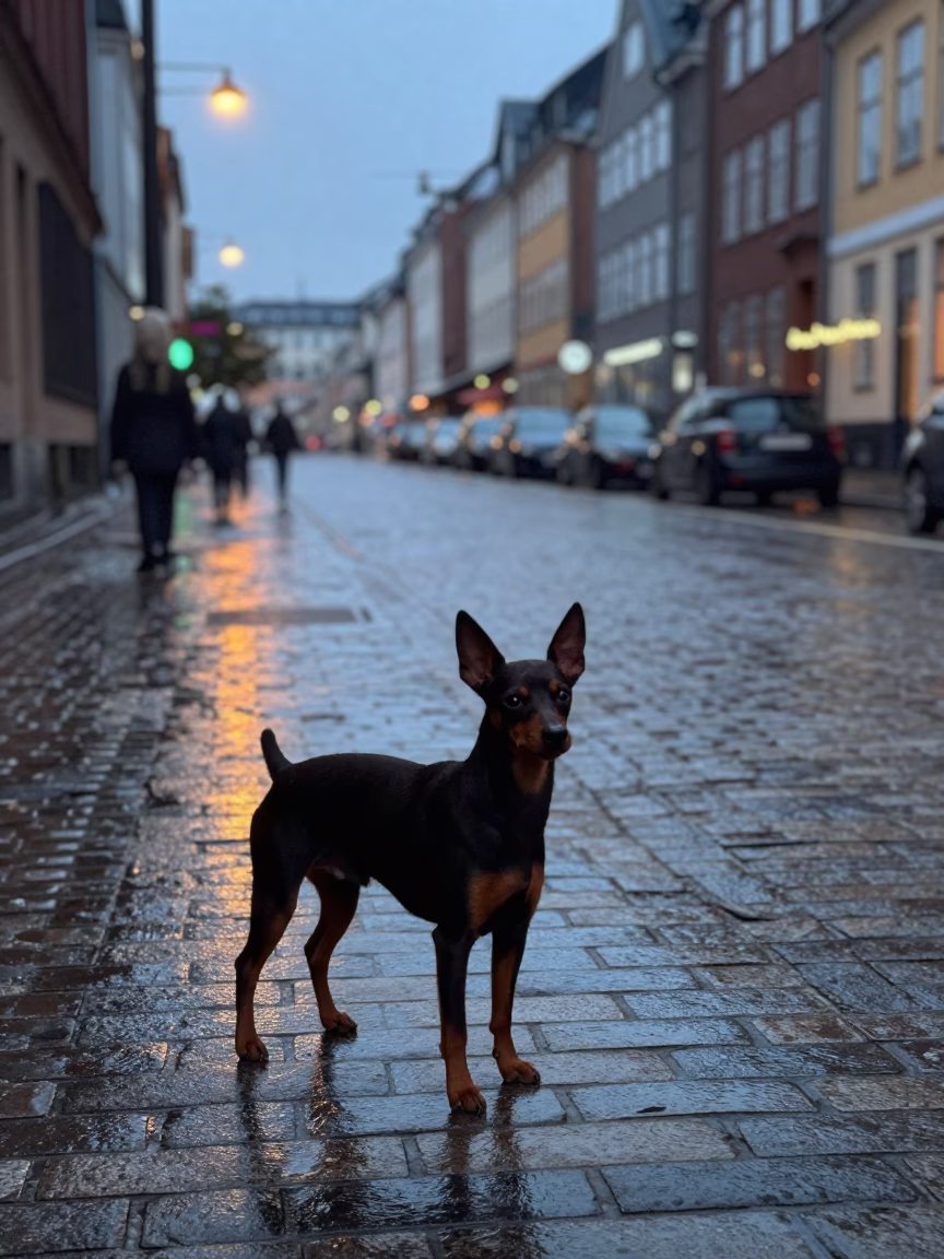 Copenhagen street scene at dawn with Miniature Pinscher and wet cobblestone reflections in in Copenhagen, Denmark