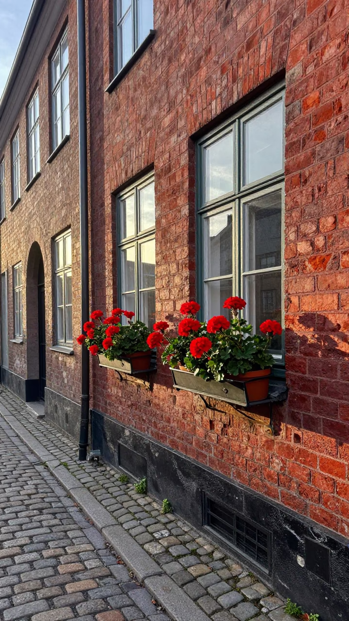 Copenhagen Street Scene at Dawn with Potted Geraniums and Cobblestone Architecture in in Copenhagen, Denmark
