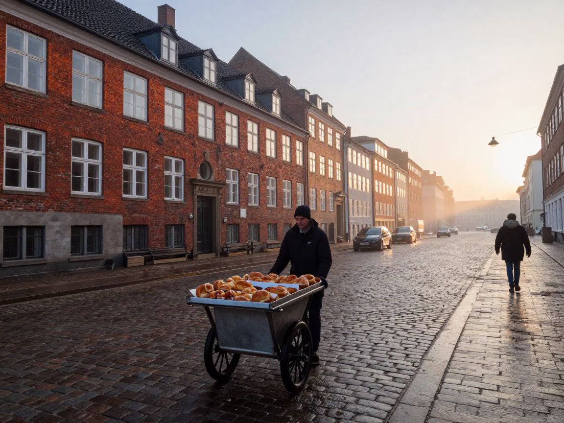 Copenhagen Street Scene at Dawn with Rolling Carts and Rusty Drain Details in in Copenhagen, Denmark