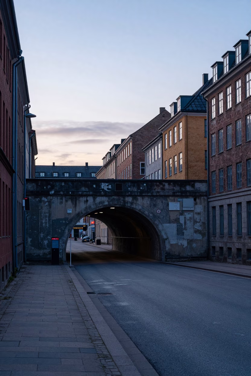 Copenhagen Street Scene at Dawn with Tunnel Portal and Concrete Details in in Copenhagen, Denmark