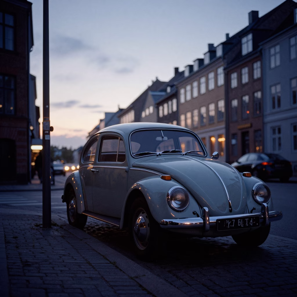 Copenhagen street scene at dawn with vintage car and sun stripe in in Copenhagen, Denmark