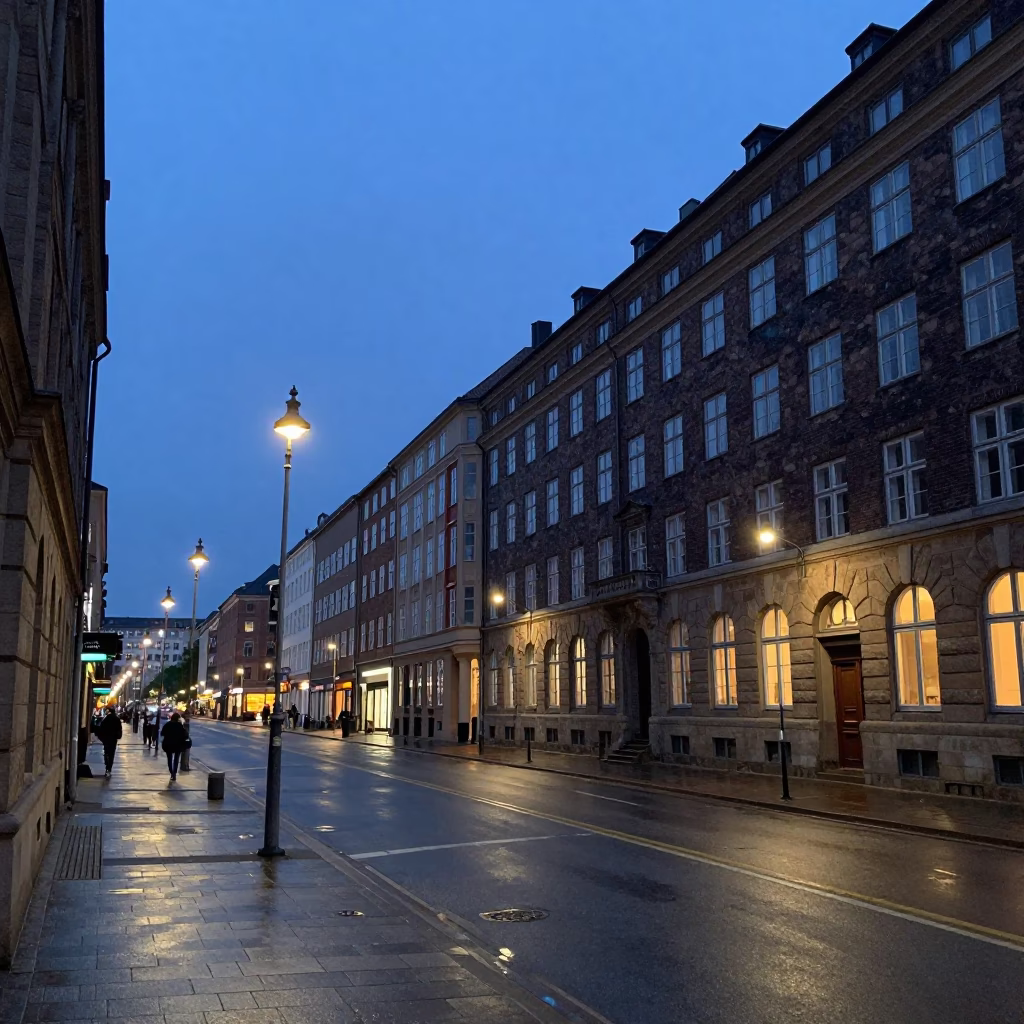 Copenhagen Street Scene at Dusk with Bauhaus Architecture and Construction Activity in in Copenhagen, Denmark
