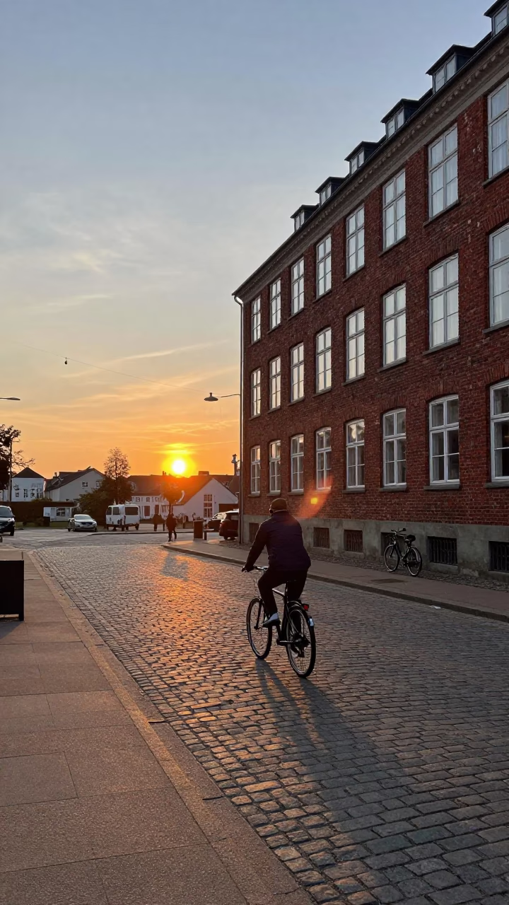 Copenhagen Street Scene at Dusk with Bicycle and Brick Architecture in in Copenhagen, Denmark