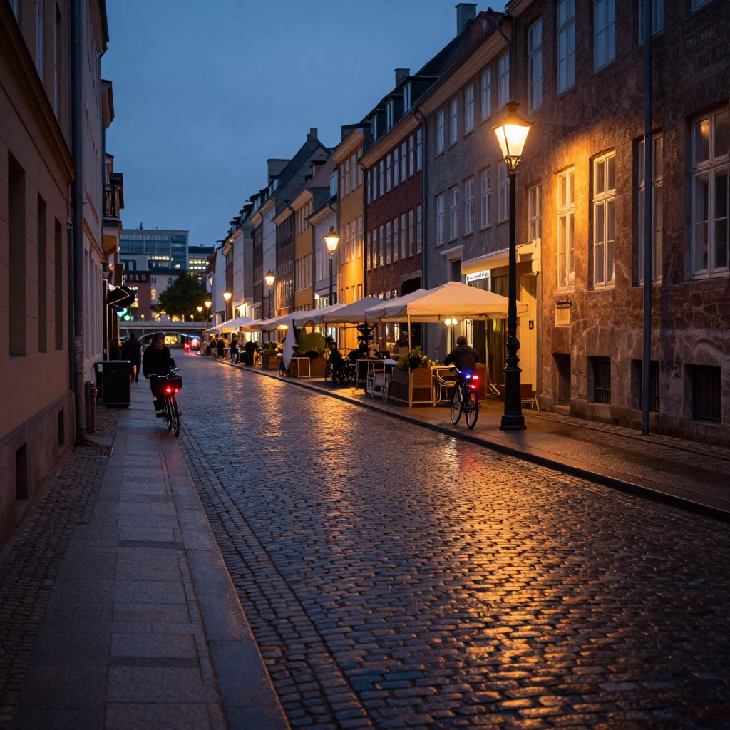 Copenhagen street scene at dusk with bicycle lights and canal reflections in in Copenhagen, Denmark