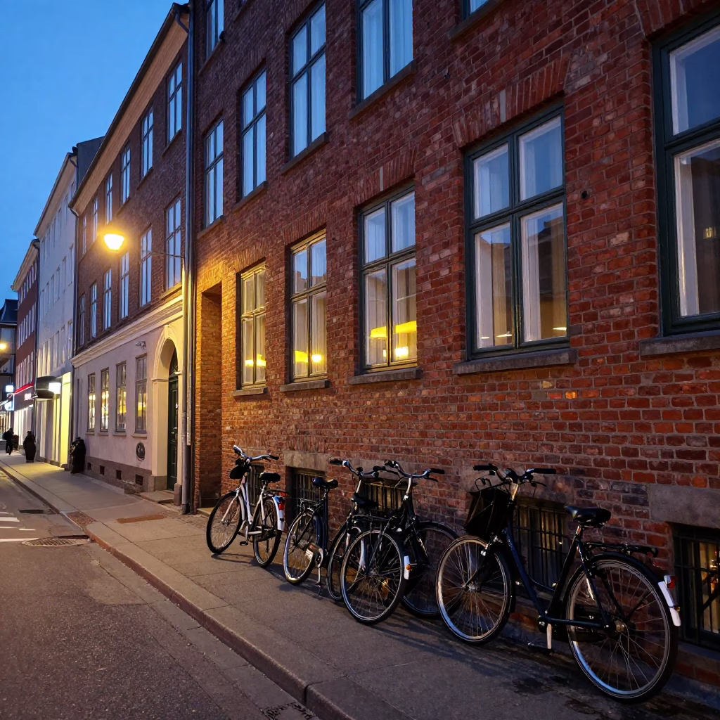 Copenhagen Street Scene at Dusk with Bicycles and Brick Architecture in in Copenhagen, Denmark