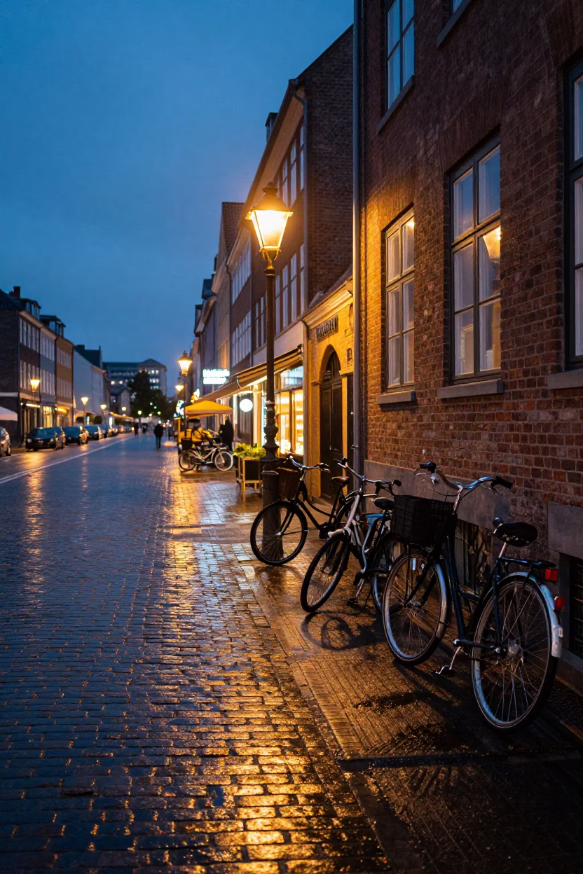 Copenhagen street scene at dusk with bicycles and glowing shop windows in Denmark in in Copenhagen, Denmark