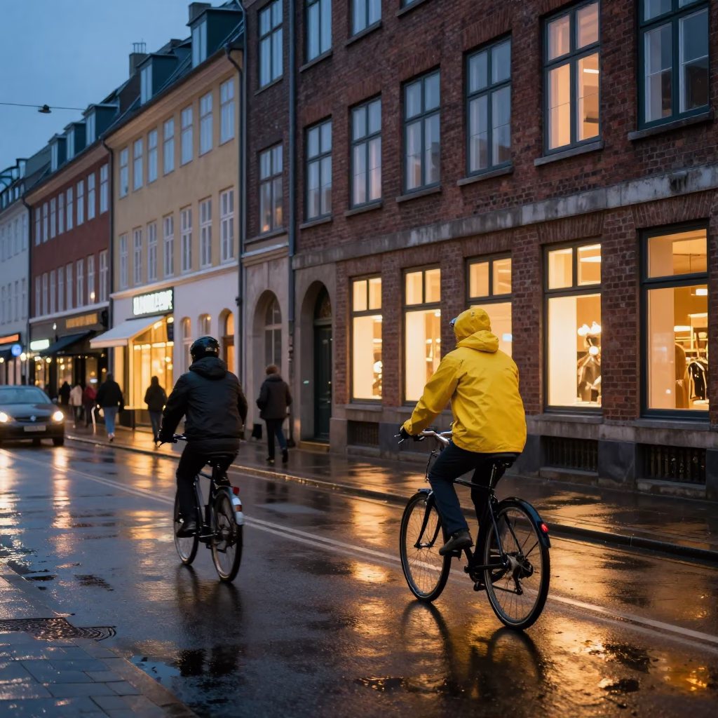 Copenhagen Street Scene at Dusk with Cyclist and City Lights Glowing in in Copenhagen, Denmark