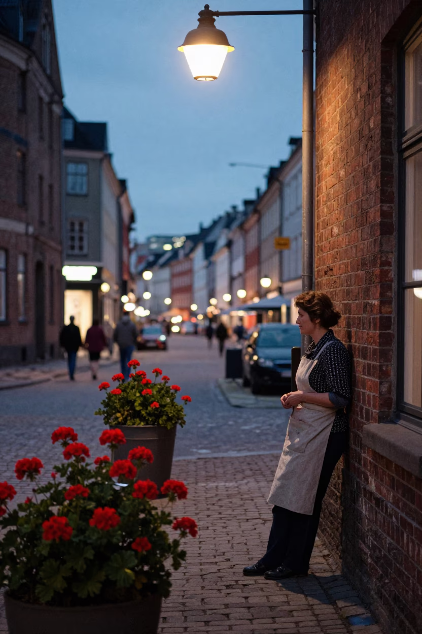 Copenhagen Street Scene at Dusk with Geraniums and City Lights in in Copenhagen, Denmark