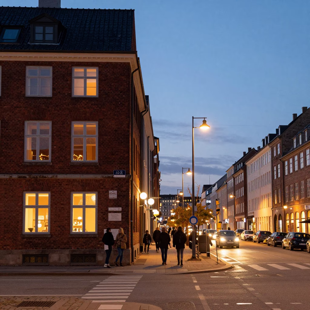 Copenhagen street scene at dusk with glowing city lights and classic Danish architecture in in Copenhagen, Denmark
