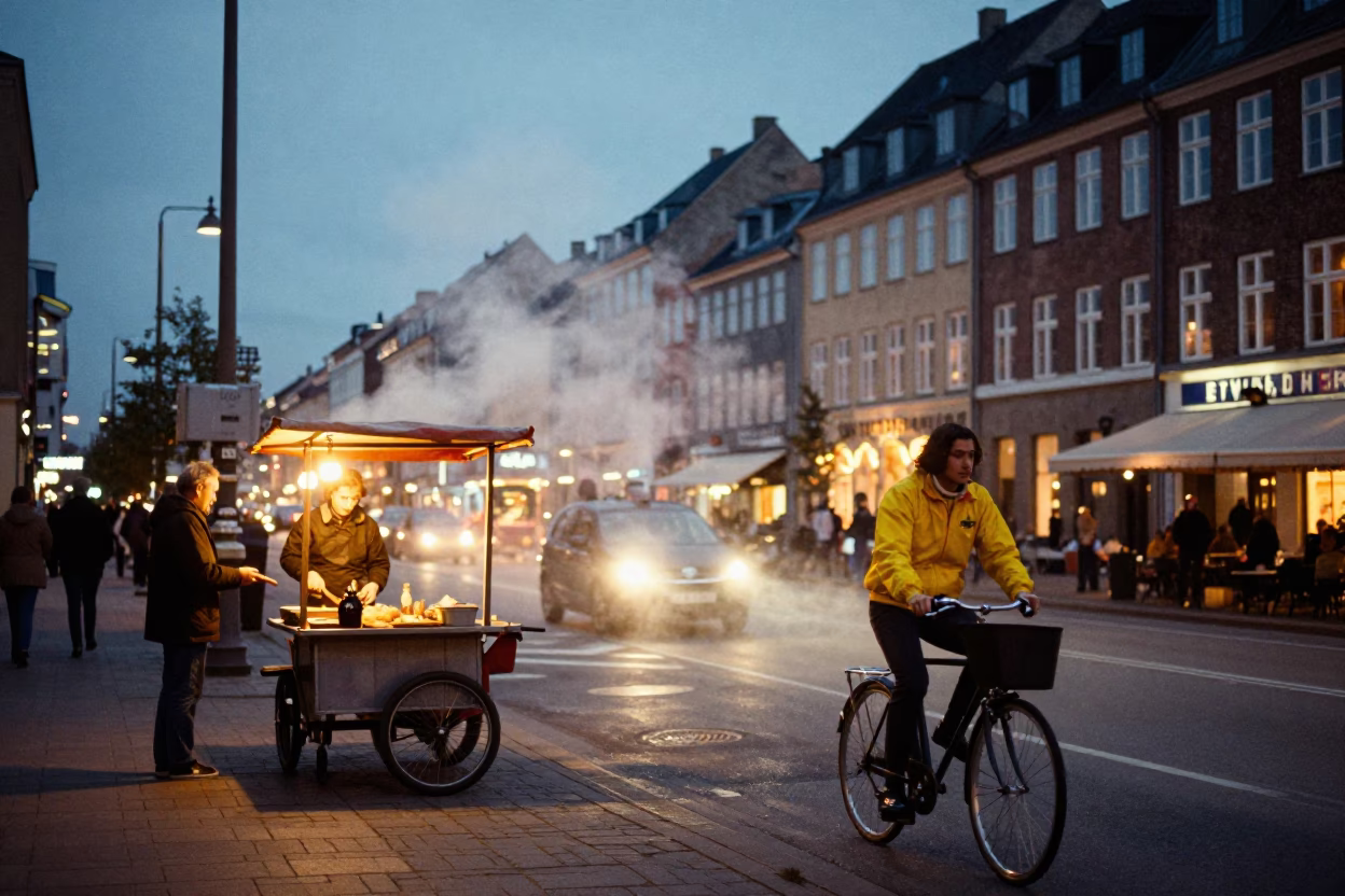 Copenhagen Street Scene at Dusk with Steam Haze and Bicycle Traffic in in Copenhagen, Denmark