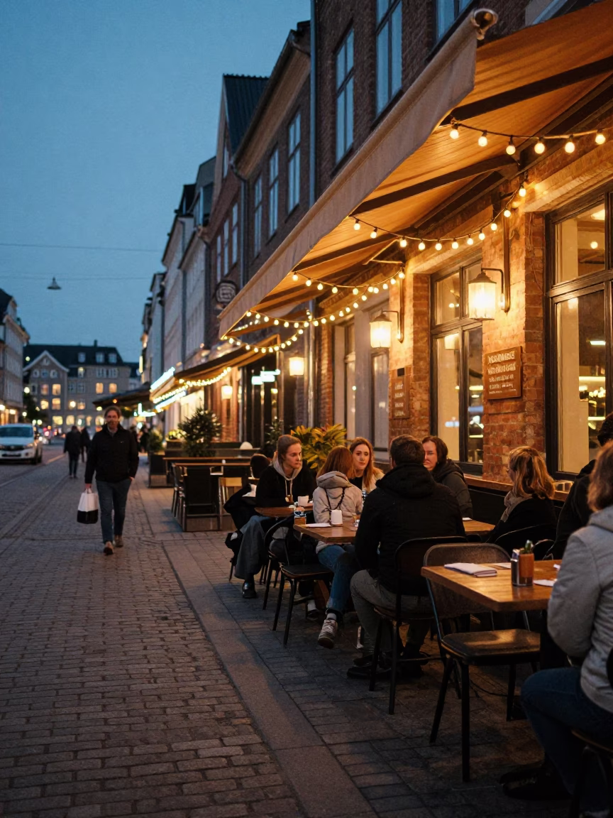 Copenhagen Street Scene at Dusk with String Lights and Woven Bread Basket in in Copenhagen, Denmark