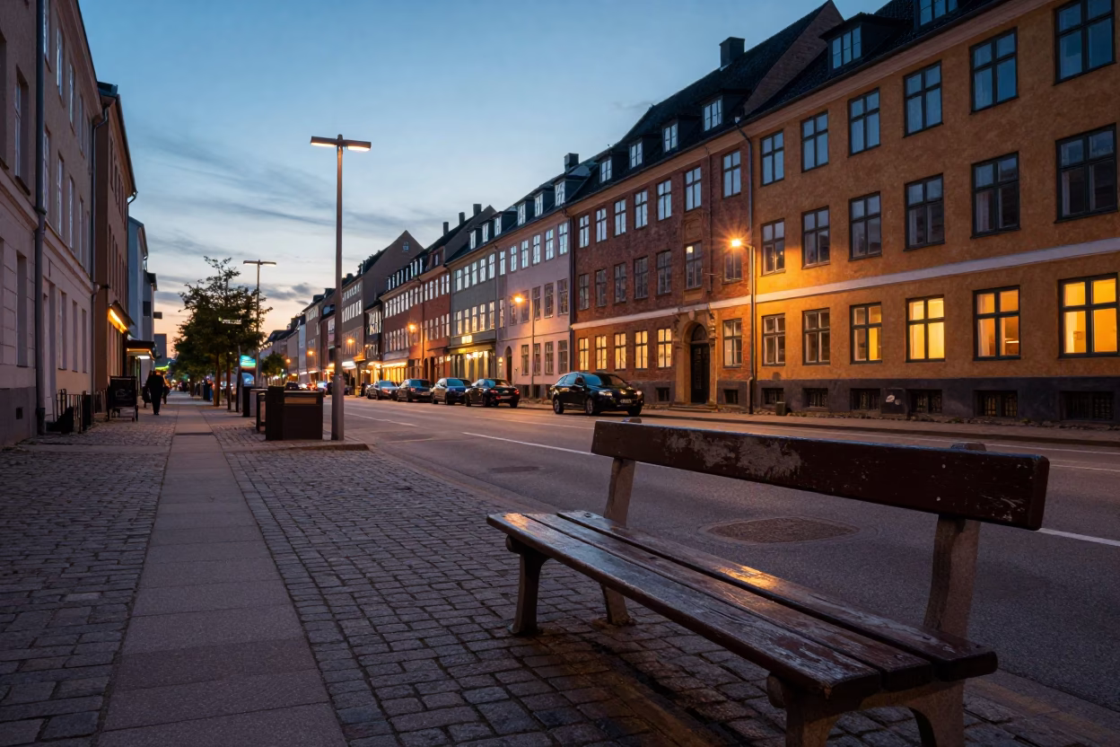 Copenhagen Street Scene at Dusk with Sun Stripe Across Bench Slat in Denmark in in Copenhagen, Denmark