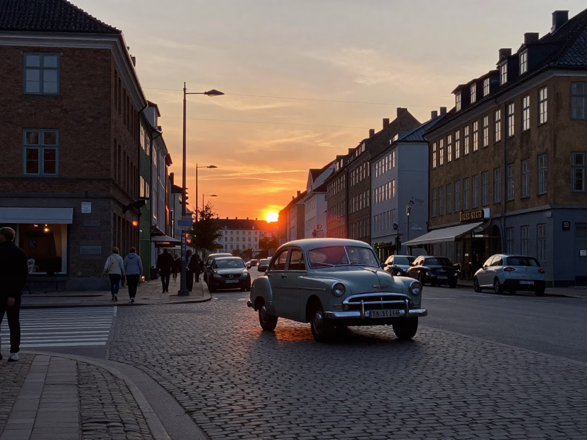 Copenhagen Street Scene at Dusk with Vintage 1950s Car and Reflective Puddles in in Copenhagen, Denmark