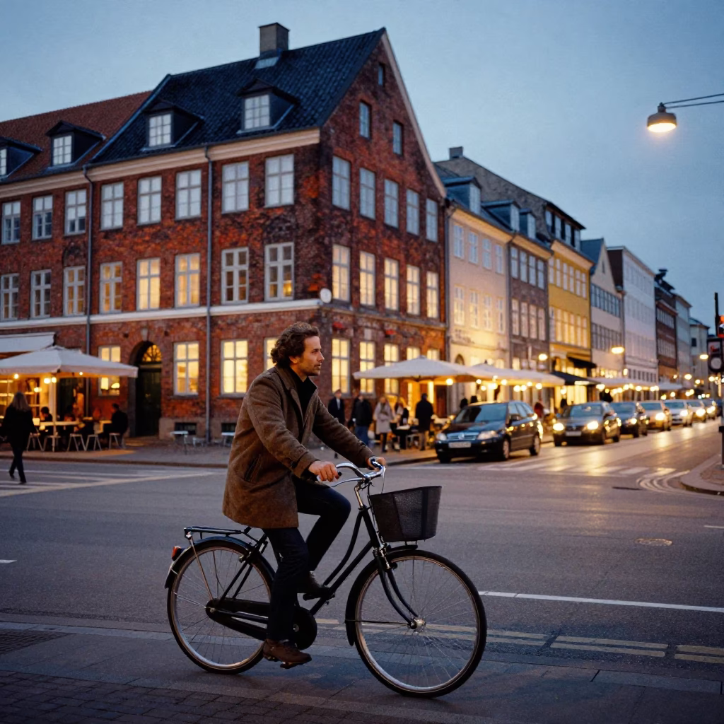 Copenhagen street scene at dusk with vintage bicycle and brick architecture in in Copenhagen, Denmark