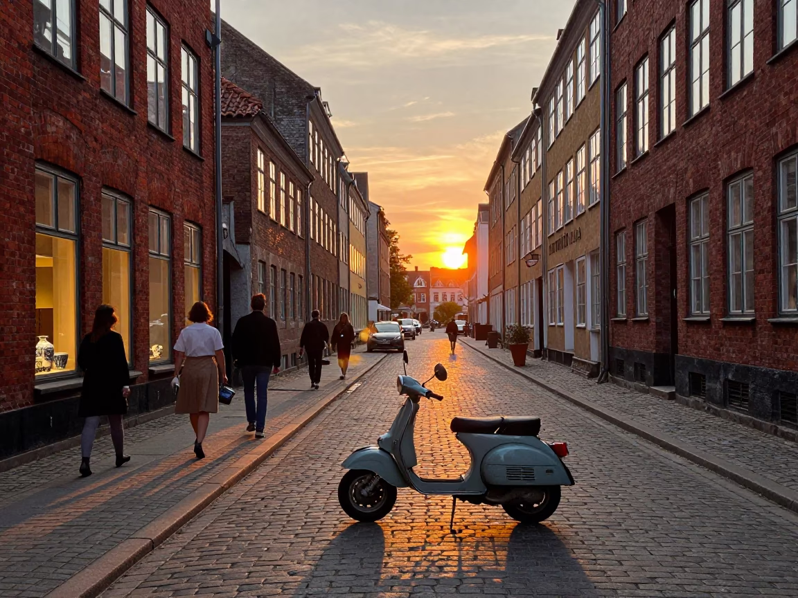 Copenhagen Street Scene at Dusk with Vintage Scooter and Cobblestone Architecture in in Copenhagen, Denmark