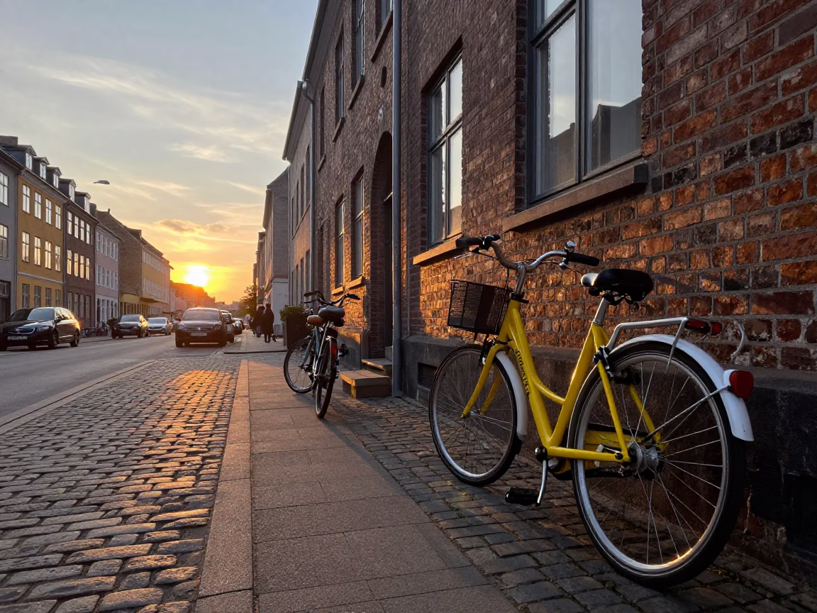 Copenhagen street scene at dusk with yellow bicycles and historic architecture in in Copenhagen, Denmark