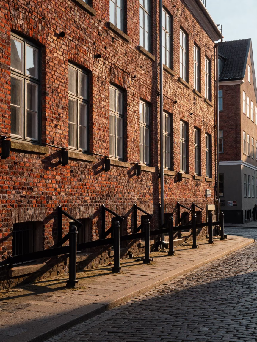 Copenhagen Street Scene at First Light with Peg Rails and Condensation on Doorframe in in Copenhagen, Denmark