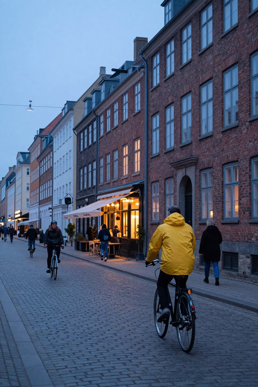 Copenhagen Street Scene at Nautical Dawn with Cyclists and Historic Architecture in in Copenhagen, Denmark