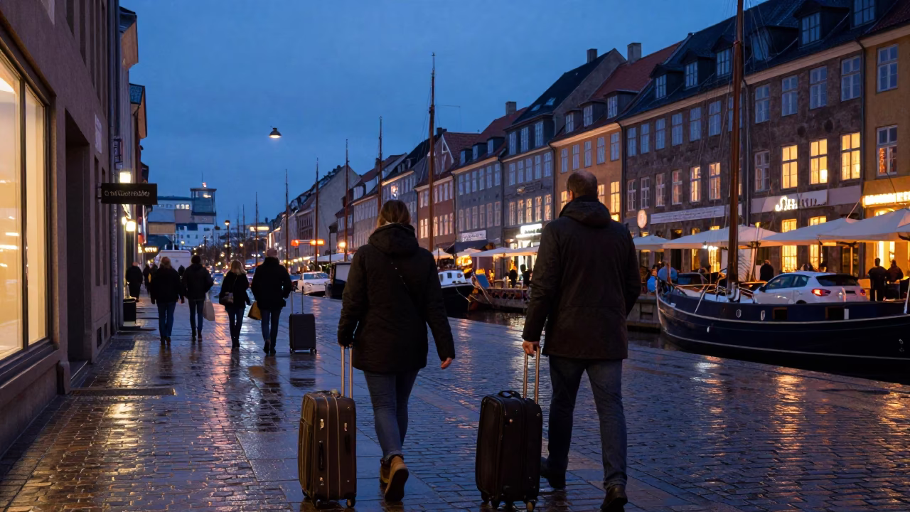 Copenhagen Street Scene at Nautical Dawn with Suitcases and Rain-Slicked Pavement in in Copenhagen, Denmark