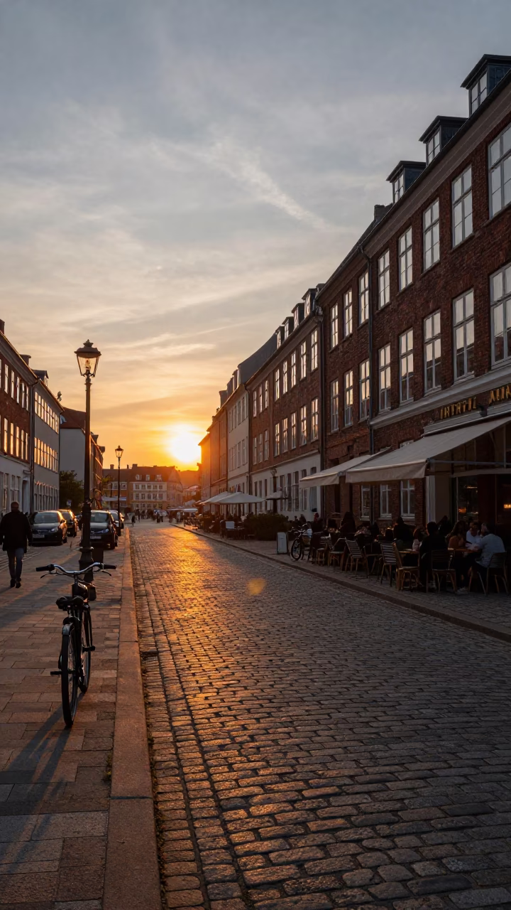 Copenhagen Street Scene at Sunset with Bicycle and Cafe Atmosphere in in Copenhagen, Denmark