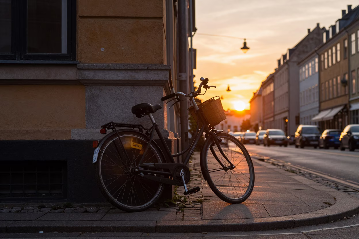 Copenhagen Street Scene at Sunset with Bicycle and Cracked Stucco in in Copenhagen, Denmark