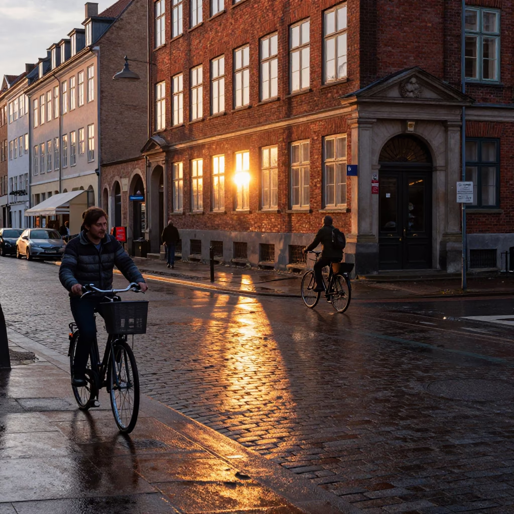 Copenhagen Street Scene at Sunset with Bicycle and Iron Deadbolt Detail in in Copenhagen, Denmark