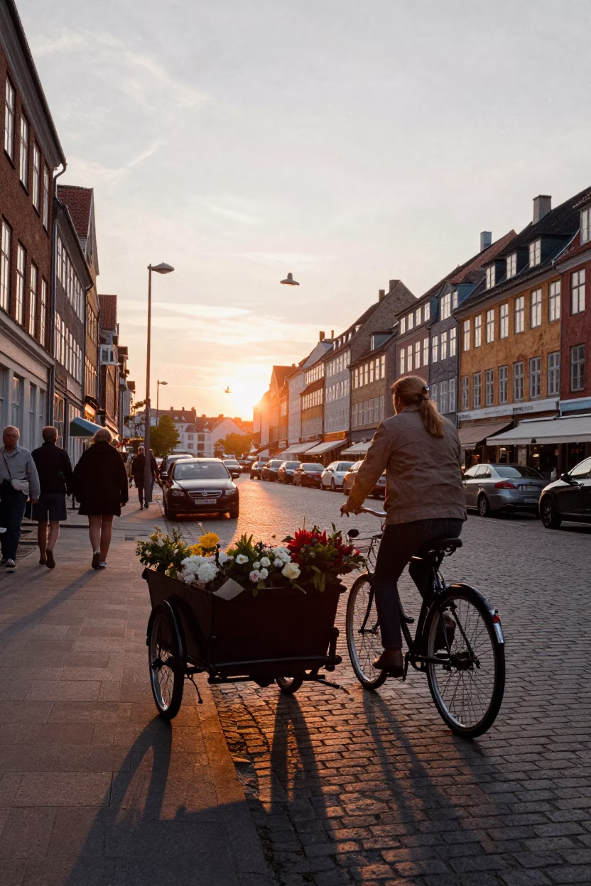 Copenhagen street scene at sunset with cargo bike and flowers in in Copenhagen, Denmark