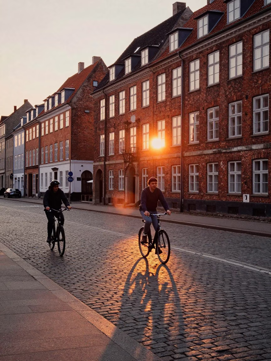Copenhagen Street Scene at Sunset with Cyclist and Historic Brick Architecture in in Copenhagen, Denmark