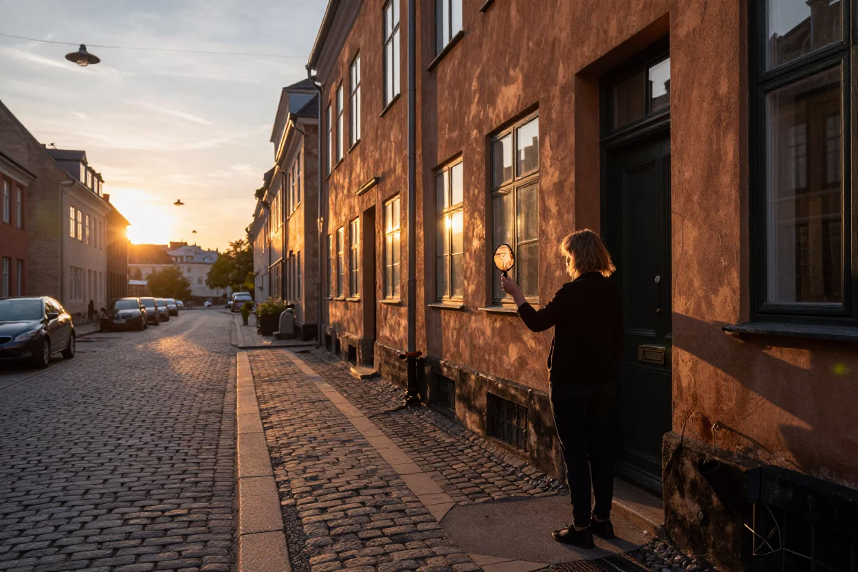 Copenhagen Street Scene at Sunset with Hand Mirror and Table Fan in Danish Neighborhood in in Copenhagen, Denmark