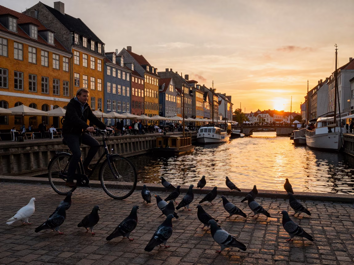Copenhagen Street Scene at Sunset with Pigeons and Historic Architecture in in Copenhagen, Denmark