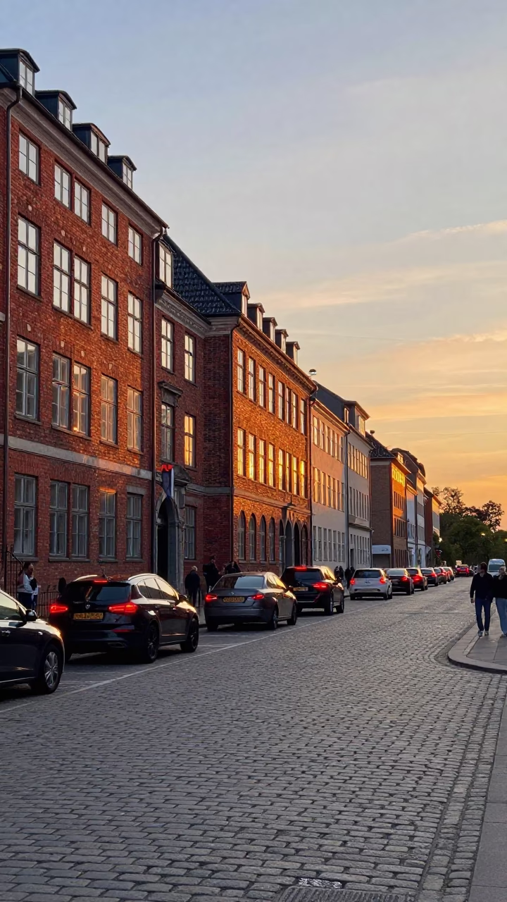Copenhagen Street Scene at Sunset with Red Brick Architecture and Busy Traffic in in Copenhagen, Denmark