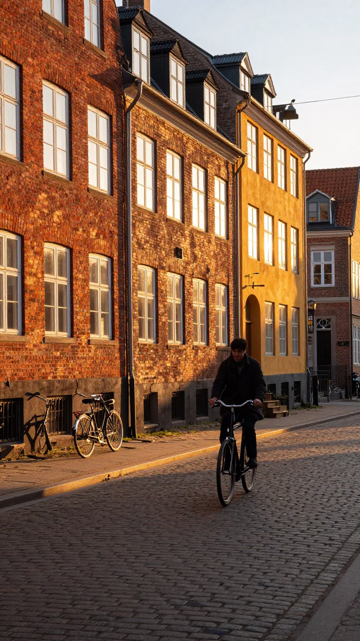 Copenhagen Street Scene at Sunset with Vintage Bicycle and Brick Architecture in in Copenhagen, Denmark