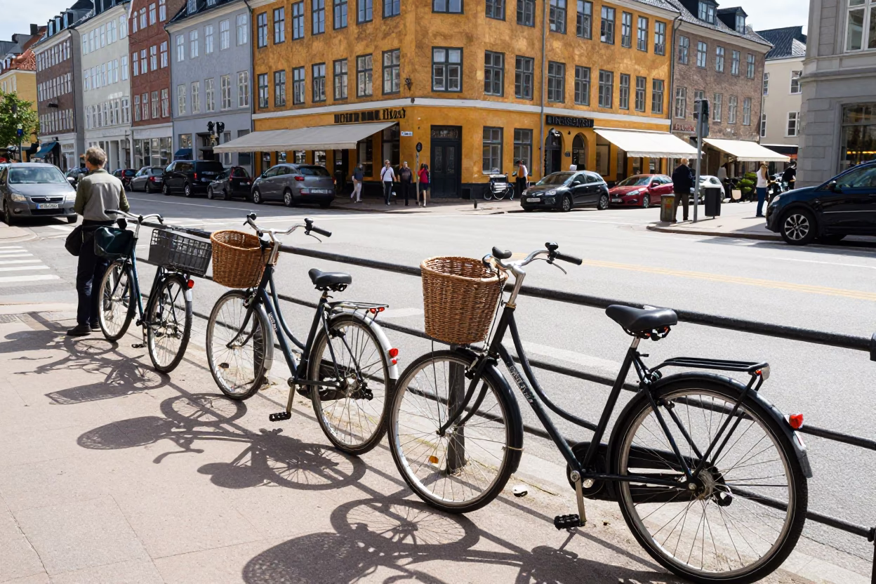 Copenhagen Street Scene at The Flat Glare Of Noon Light in in Copenhagen, Denmark